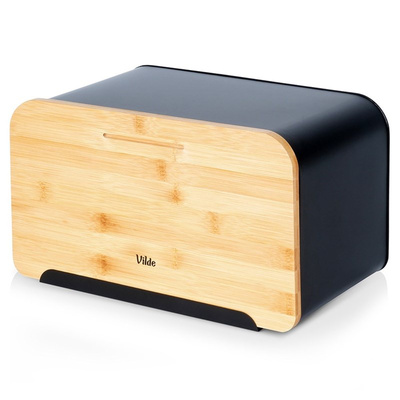 Bread Bin Metal with Bamboo Board Black 35x22x20.5 cm