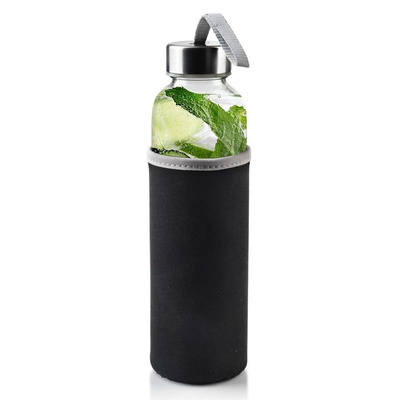 Water Bottle Glass with Sleeve Black 490 ml