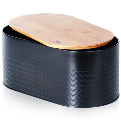 Bread Bin Steel with Wooden Board Black 34x18.5x15.5 cm